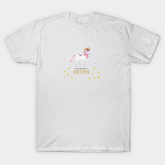 Seventh birthday. Seven. Unicorn Birthday invitation. Party invitation T-Shirt by GULSENGUNEL